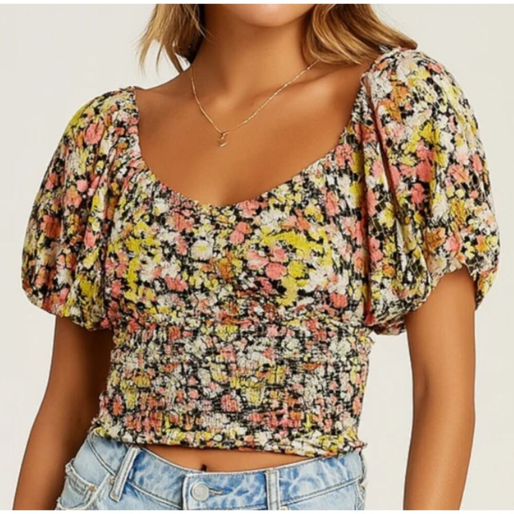 Billabong Floral Smocked Crop Top in Black, Pink, Yellow